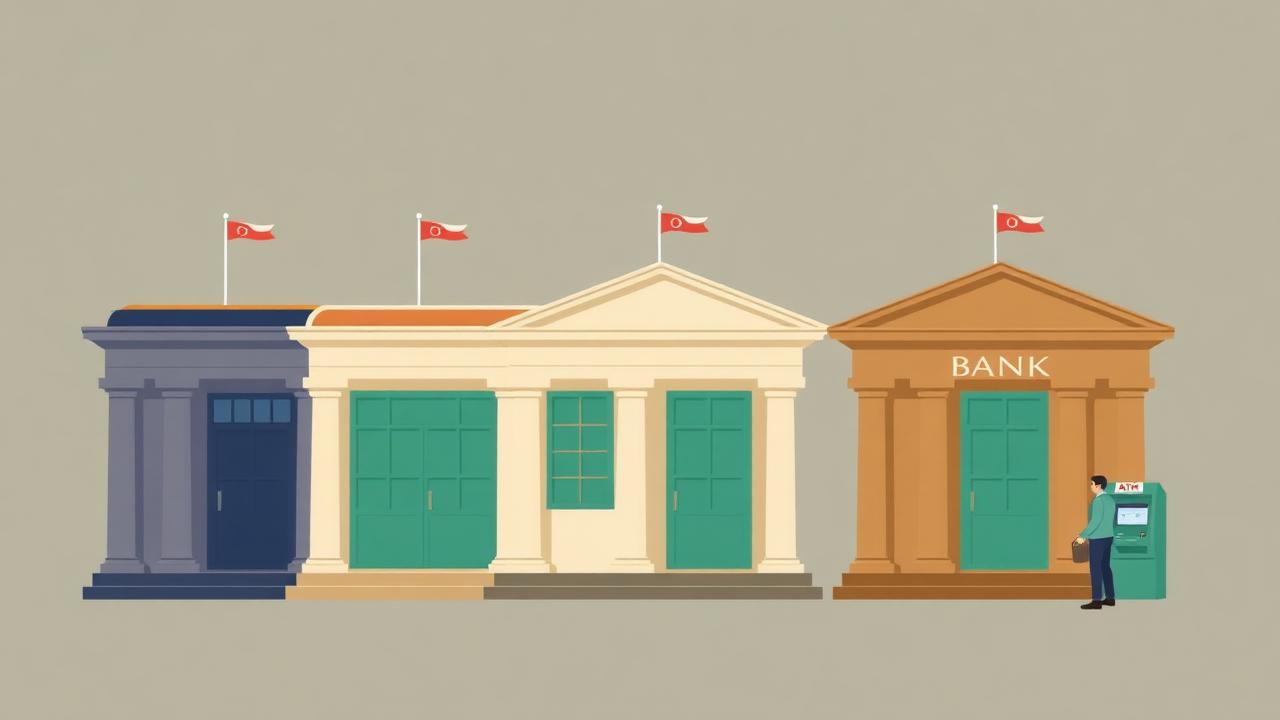Stylized Canadian bank buildings illustration