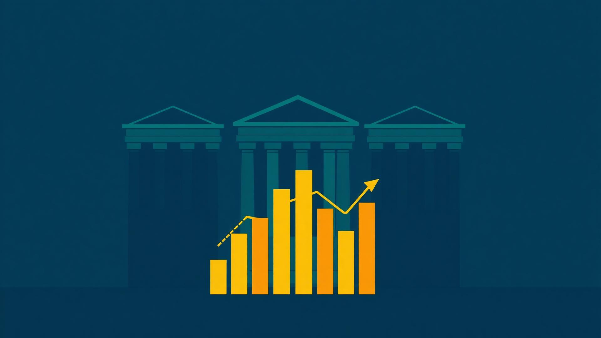 Five abstract bank tower silhouettes with a quarterly earnings bar chart in front