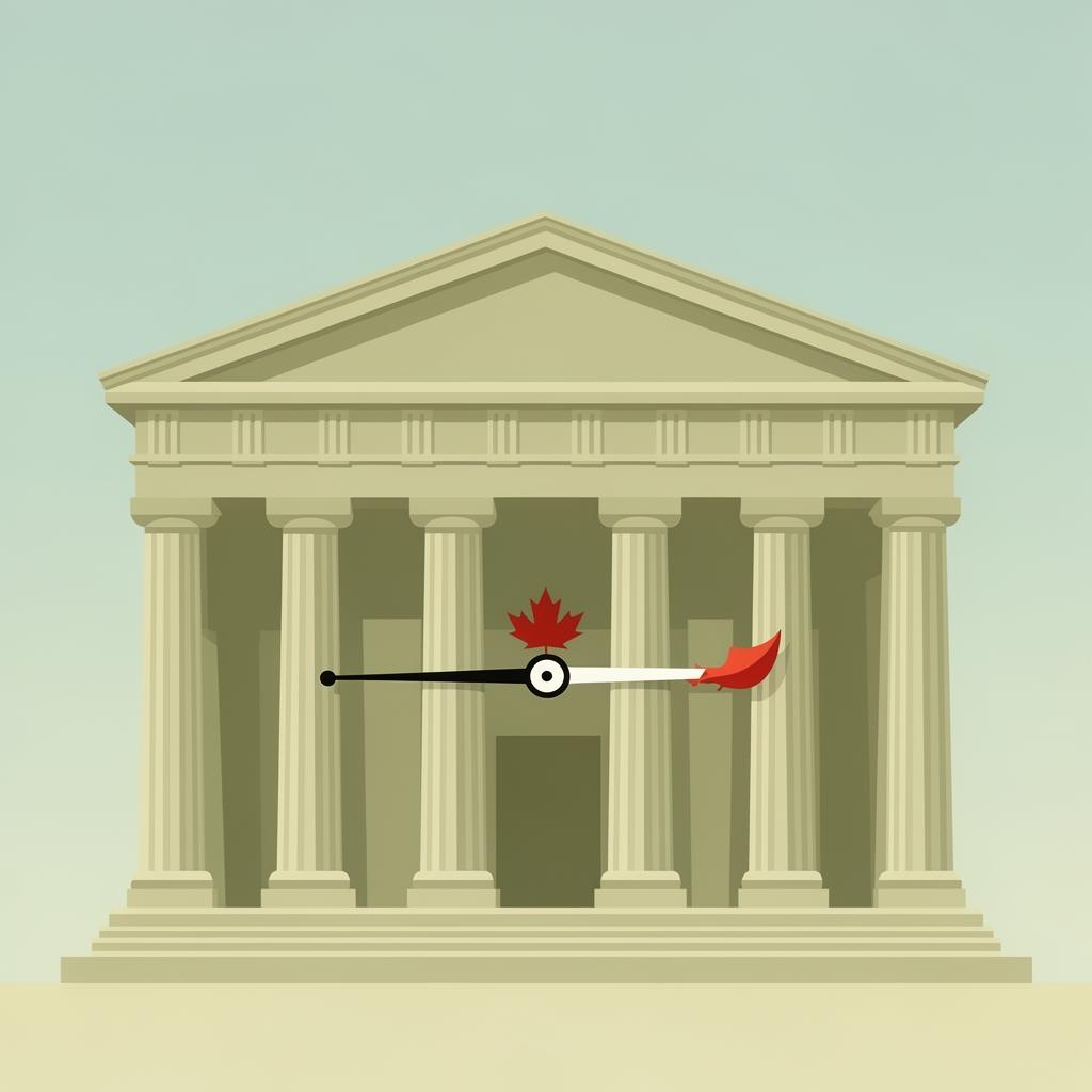Bank of Canada building facade with a rate dial pointing to a steady mid-range