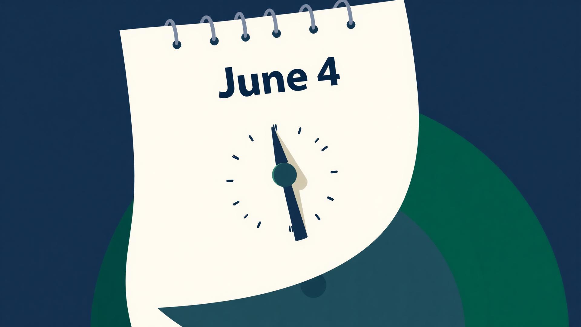 Calendar page marked June 4 with a rate dial pointing to a steady mid-range