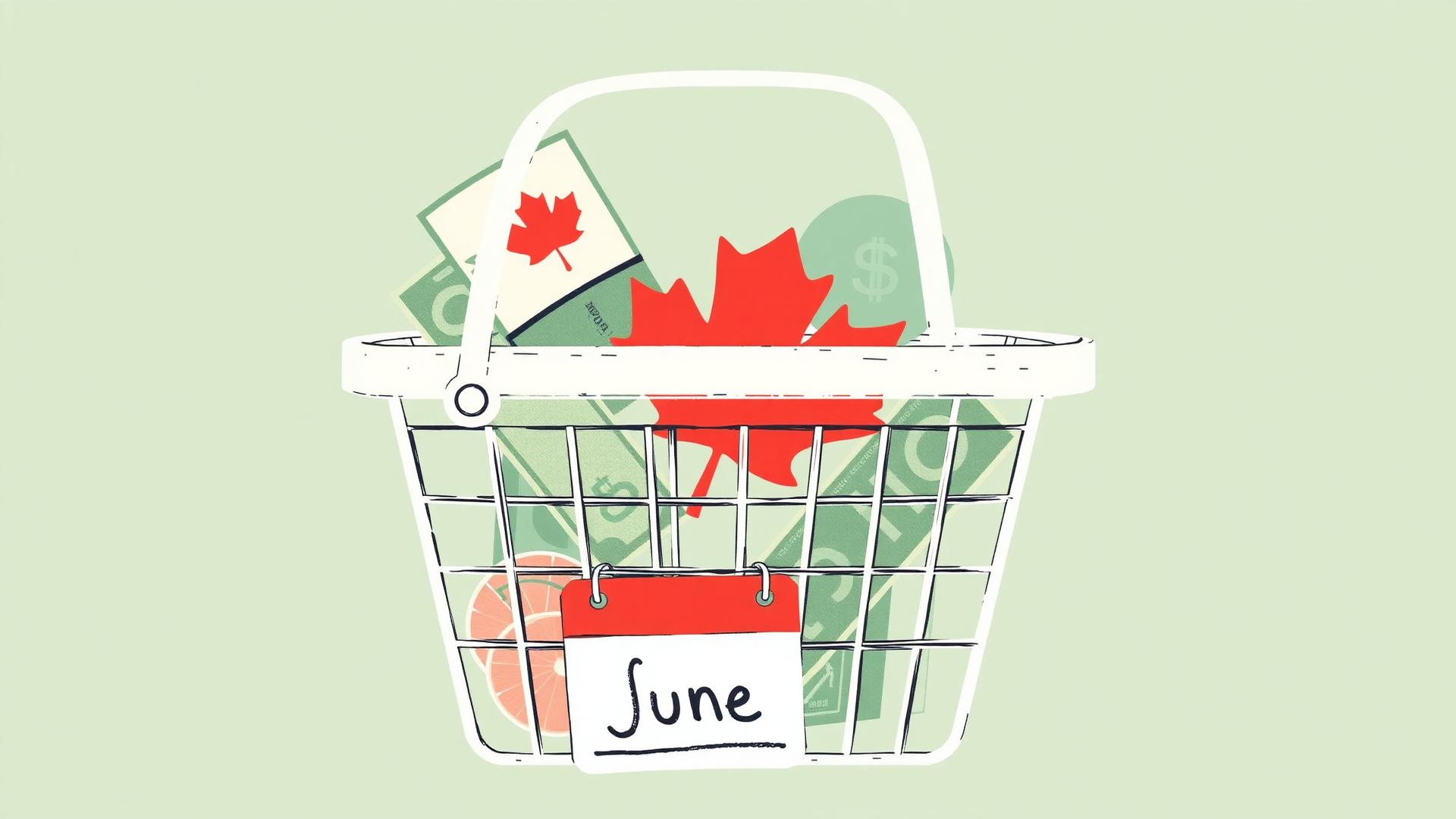 Canadian grocery basket with maple leaf and June calendar representing the CGEB top-up payment