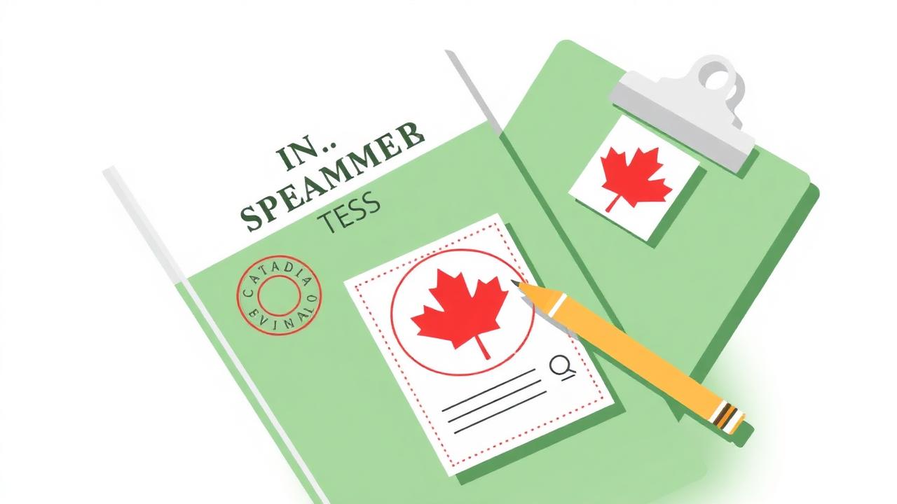 Illustration of a Canadian citizenship test booklet with a maple leaf stamp and pencil