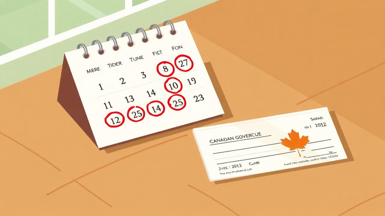 A calendar with circled CRA benefit payment dates next to a Canadian government cheque