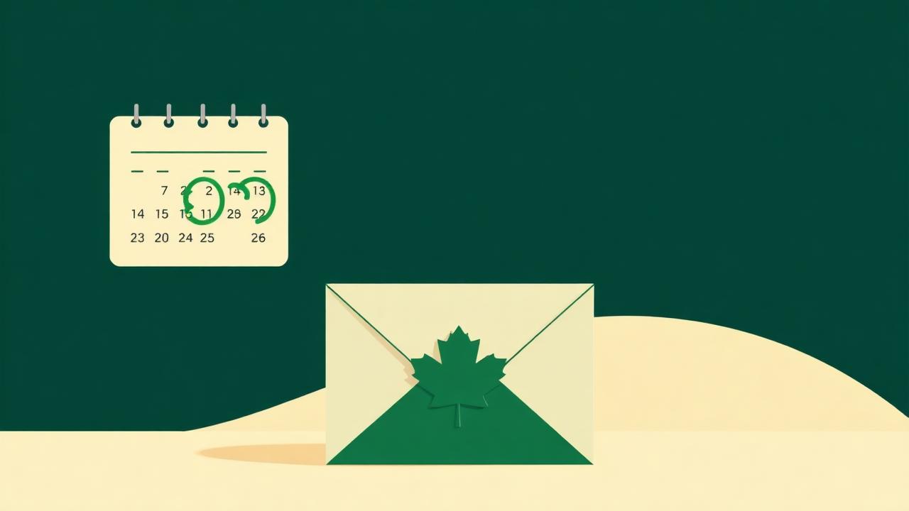 A calendar with deposit dates circled and an envelope marked with a maple leaf