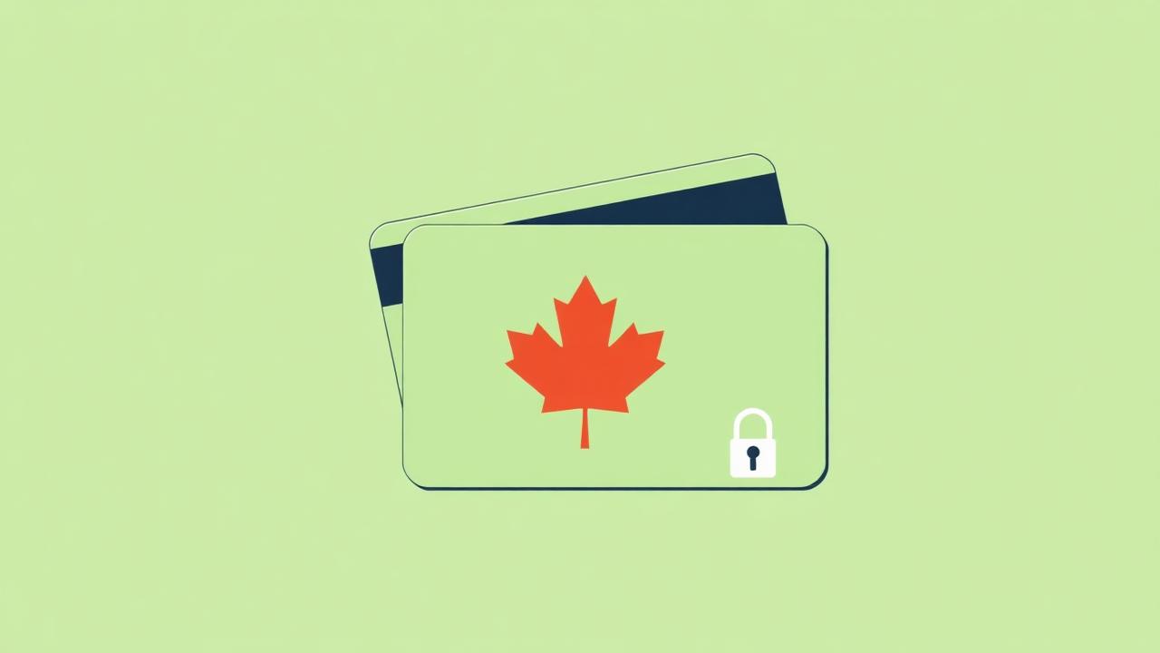 Illustration of two credit cards stacked with a maple leaf and lock icon