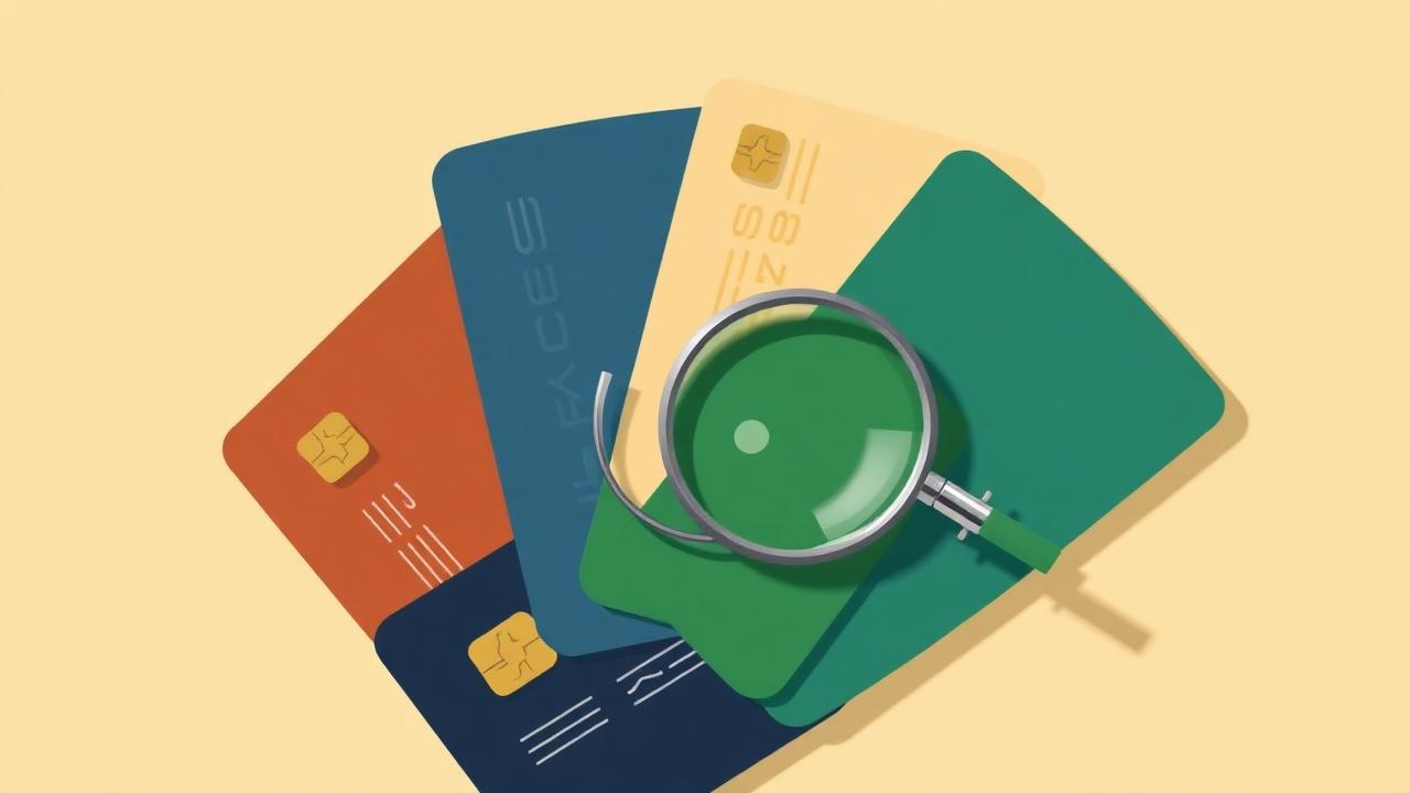 A fan of credit cards being inspected with a magnifying glass