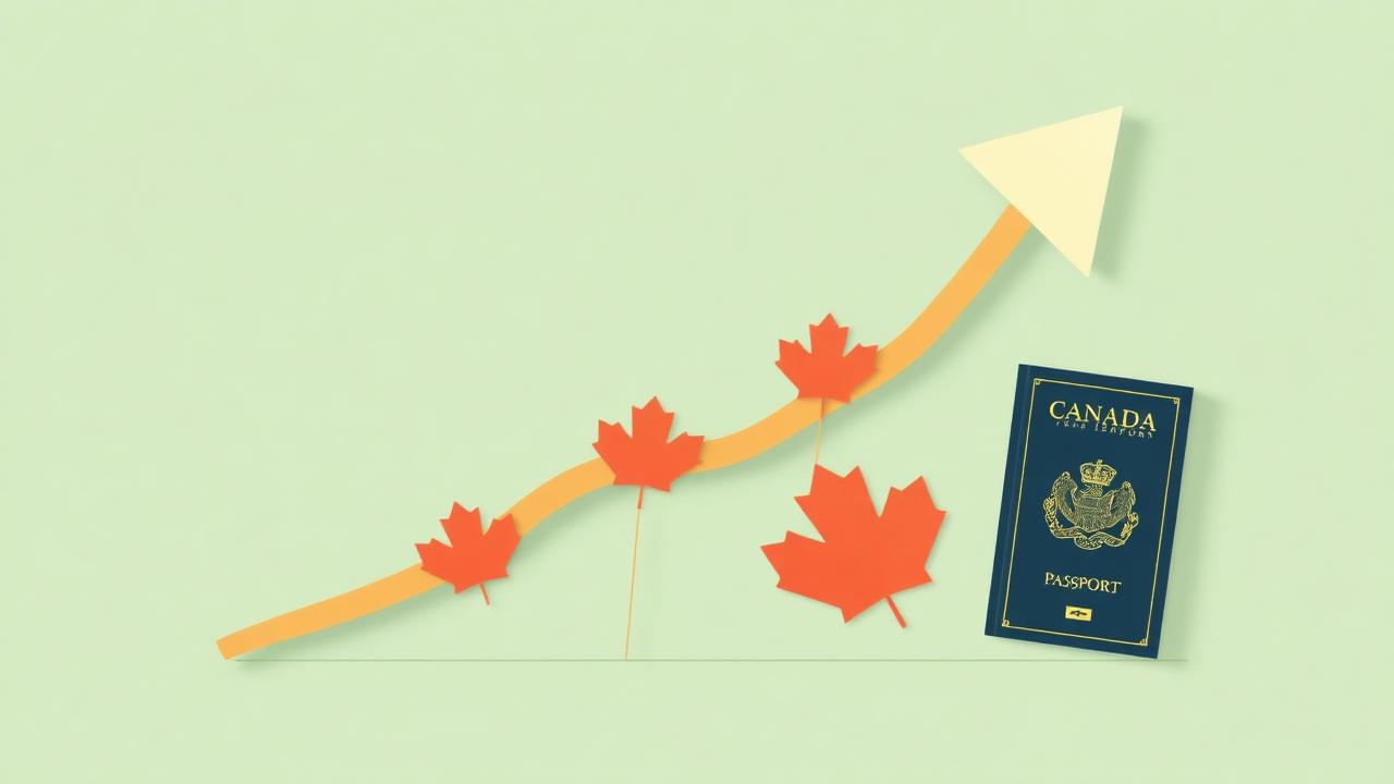 Illustration of a CRS score chart trending up with maple leaves and a Canadian passport