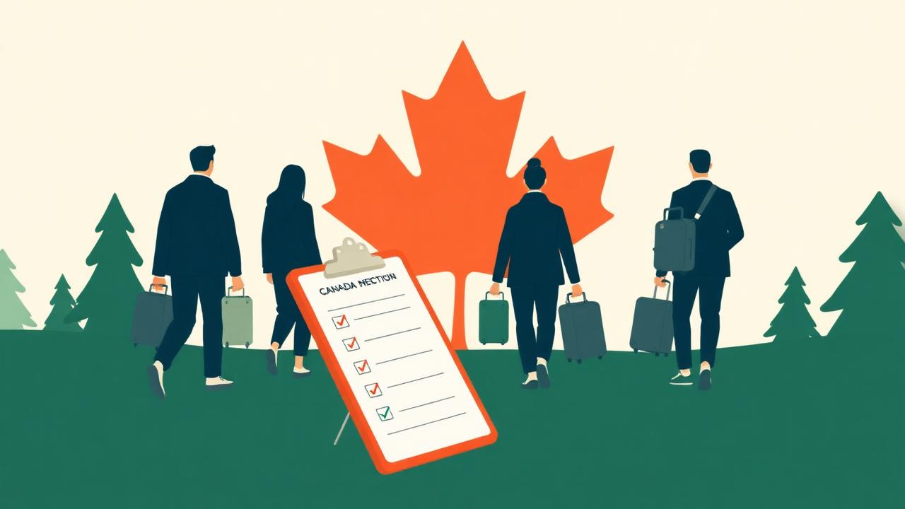 Newcomers walking toward a Canadian skyline with a checklist