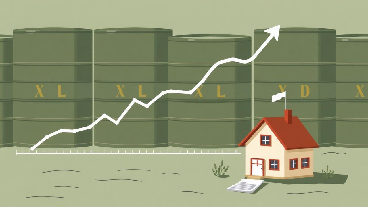 A rising line chart climbing past a flat horizontal line, with oil barrels and a small house in the background