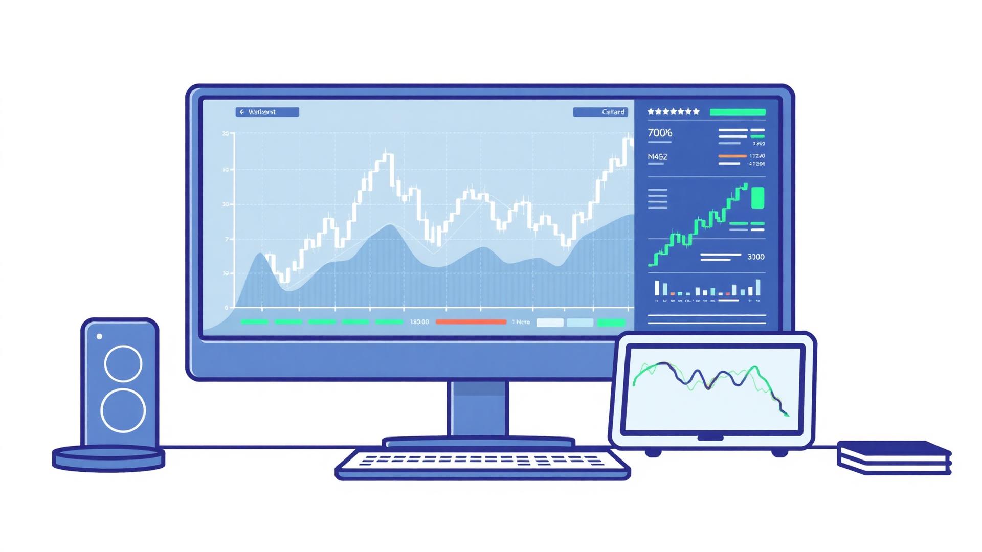 Illustration of an active trader workstation with global market charts