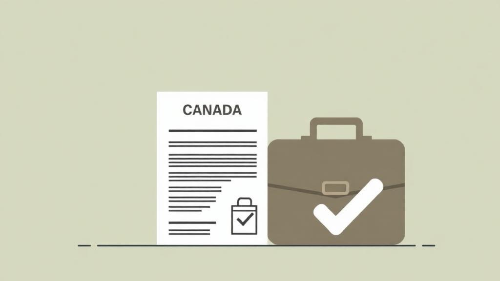 Illustration of a Canadian work permit document, briefcase, and approval checkmark