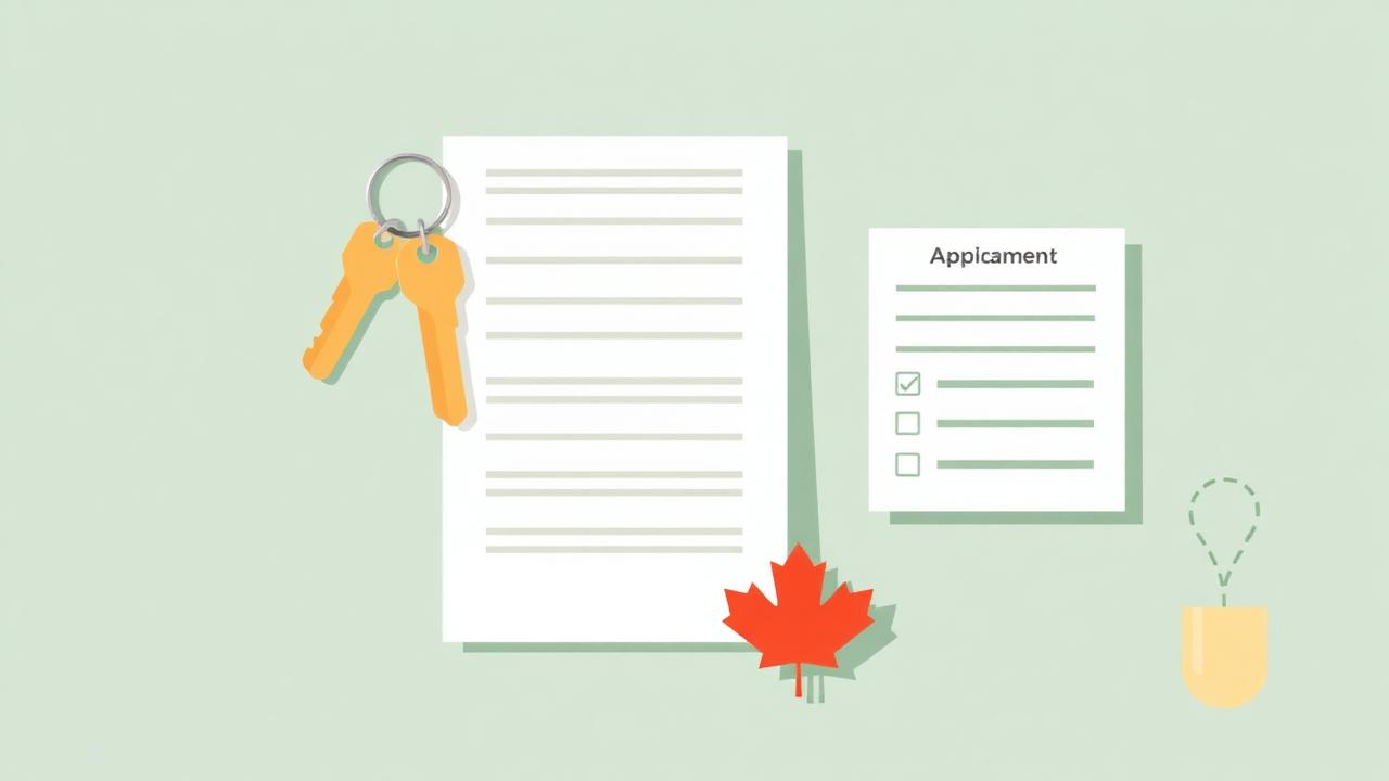 Illustration of an apartment key with a rental application form and small maple leaf