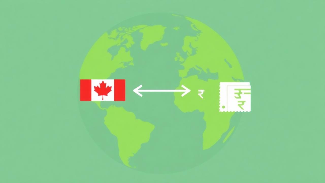 Illustration of a globe with a money transfer arrow connecting Canada to other regions