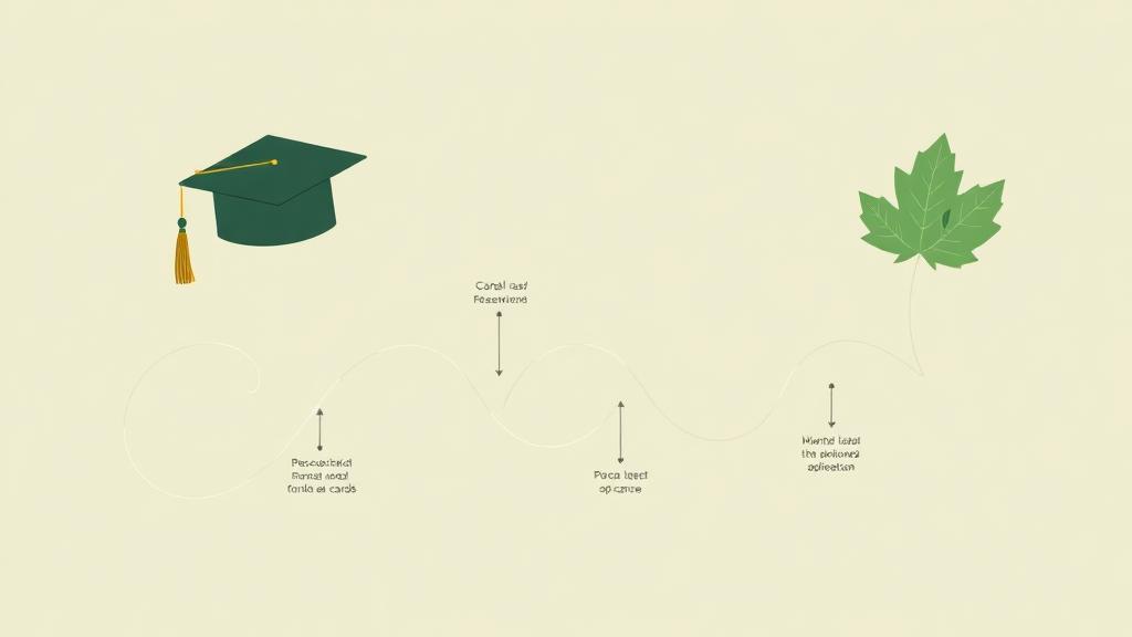 Timeline illustration from graduation cap to a maple leaf representing Canadian permanent residency