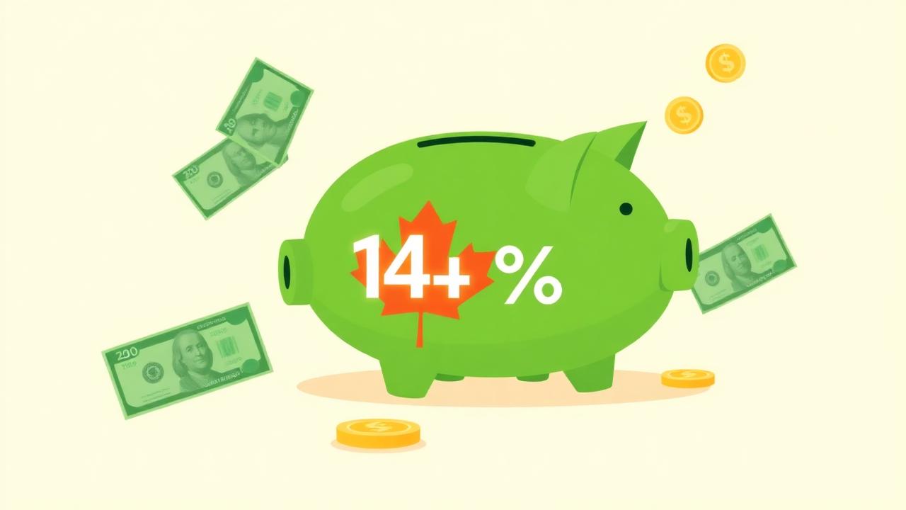 Illustration of a Canadian piggy bank with a 14% tax-cut savings symbol