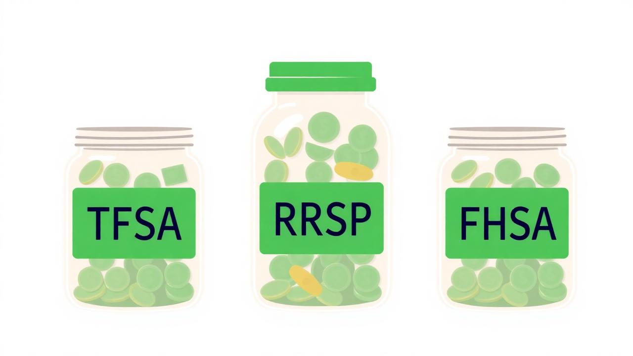 Three labelled jars TFSA RRSP FHSA filled with coins