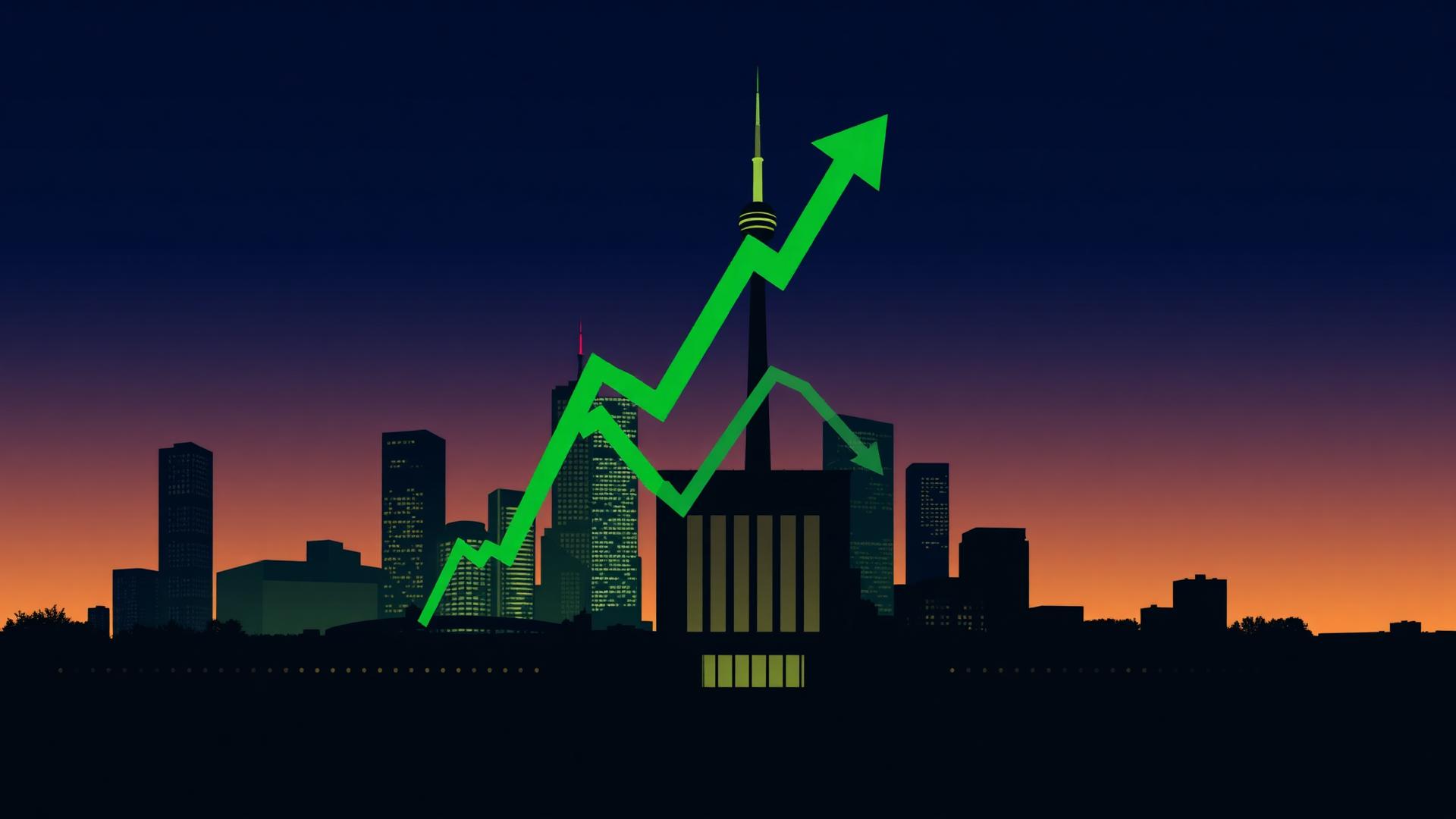 Toronto skyline silhouette with an upward trending green chart line overlaid